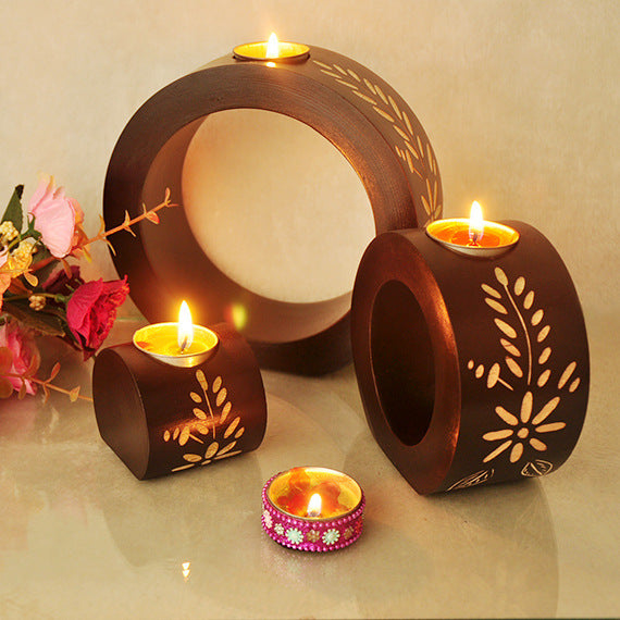 Three Pieces Set Vintage Round Candle Holder Handmade Carved Wooden Candleholder Home Deco Anniversary Gift Wedding Gift