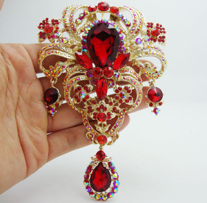 5.04"Classic style Flower drop Brooch Pin Pendant Red Rhinestone Crystal