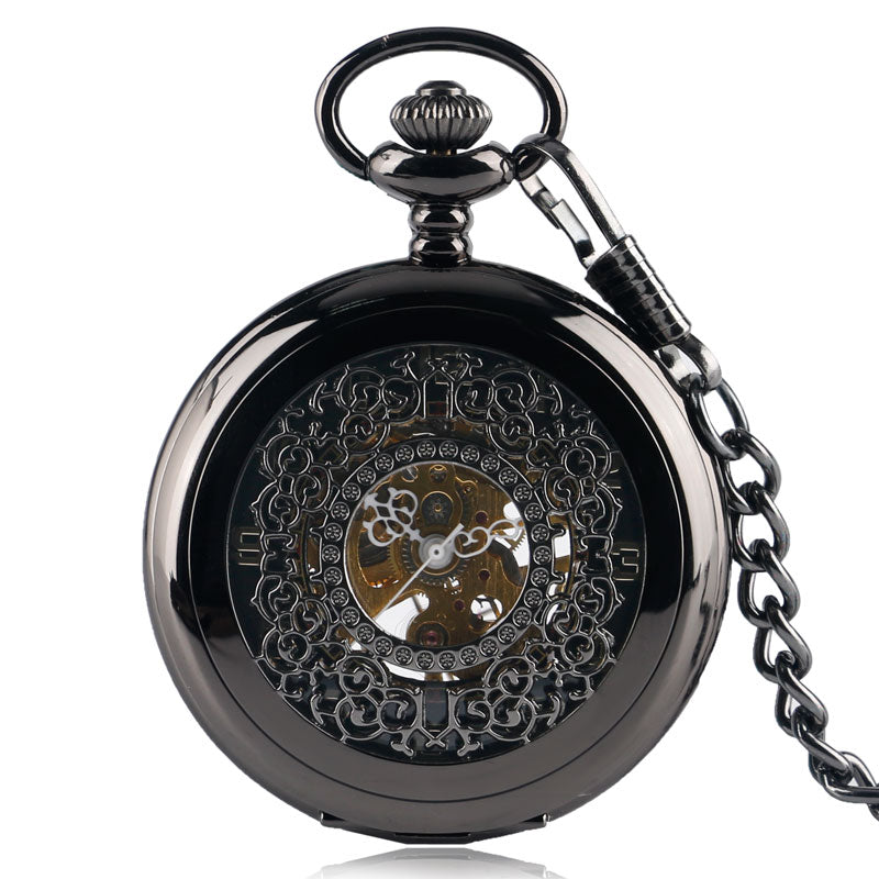 Classic Black Steampunk Men Women Mechanical Hand Winding Vintage Pocket Watch Necklace Gift Exquisite Fob Watches Relojes