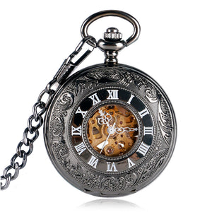 Classic Men Vintage Pocket Watch Black Watches with Chain Necklace Roman Steampunk Gift for Him Anniversary Weddings Groomsman