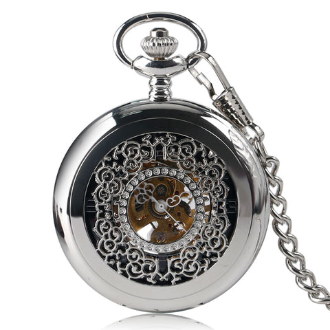 Stylish Classic Silver Steampunk Men Women Mechanical Hand Winding Vintage Pocket Watch Necklace Gift Exquisite Fob Watches