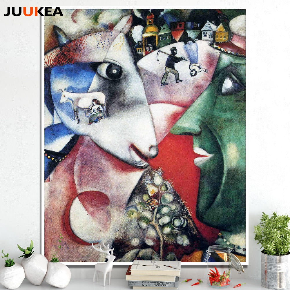 Marc Chagall I And The Village Classic Oil Painting Print On Canvas, Modern Wall Pictures For Living Room, Home Decor Wall Art