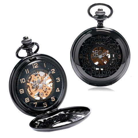 2016 Classic Elegant Archaic Black Hollow Pocket Watch Hand Winding Mechanical Fob Watch Men Women Necklace Chain Gift