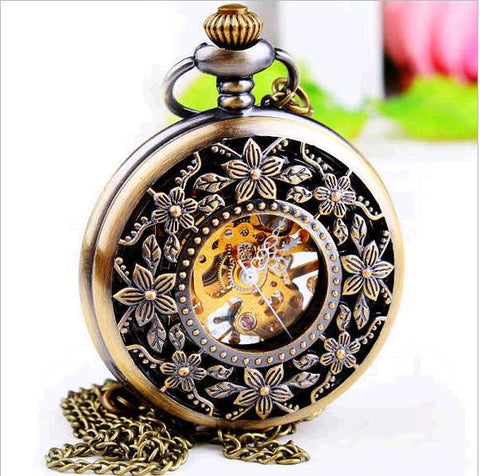 Classical Vintage Antique Bronze Hollow out flowers mechanical pocket watch necklace Man's pendant Christmas gift